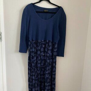 ALGO VINTAGE 3/4 SLEEVE MIDI  DRESS NAVY WITH FLORAL SKIRT BUTTONS FRONT POCKETS